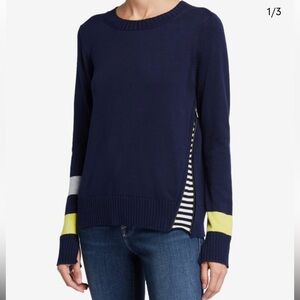 Lisa Todd Sneak Attack Striped Sleeve Zip Insert Navy Sweater w Yellow Accents